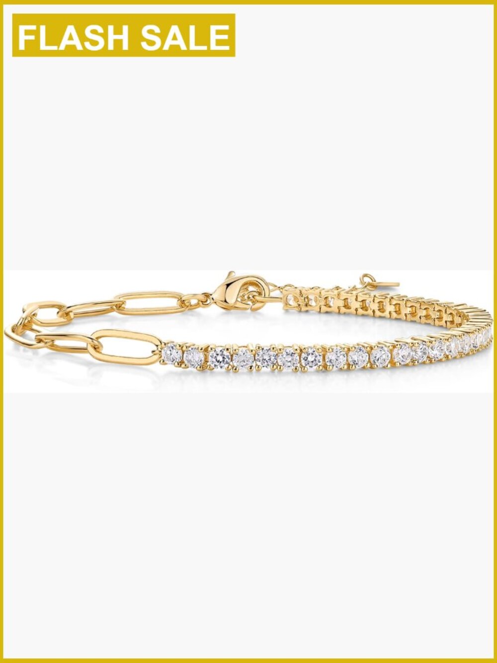 Half Tennis Paperclip Chain Bracelet with Cubic Zirconia - Dainty Link Bracelet